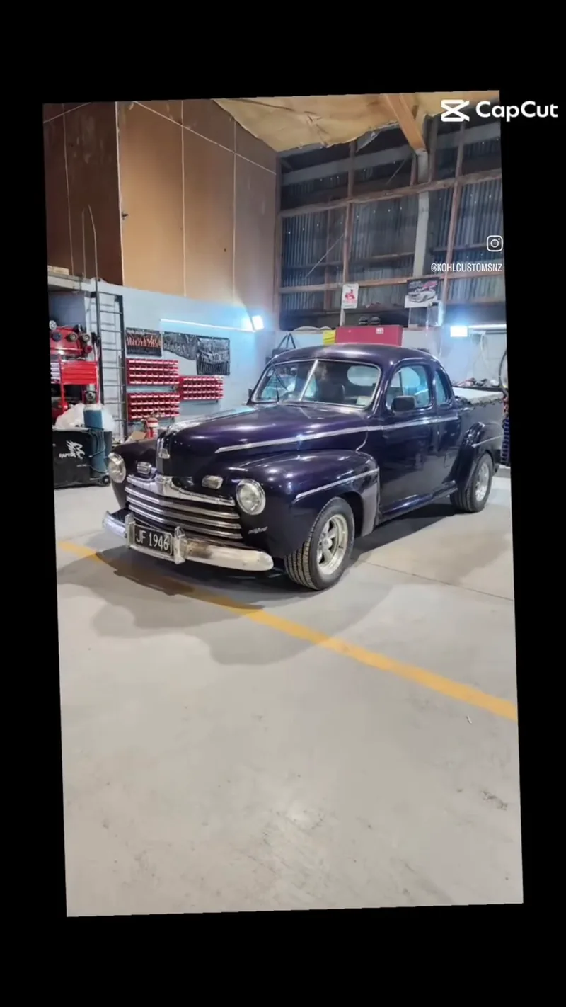 Build montage of the 1946 Ford ute, from stripped shell through to the purple ute in the workshop