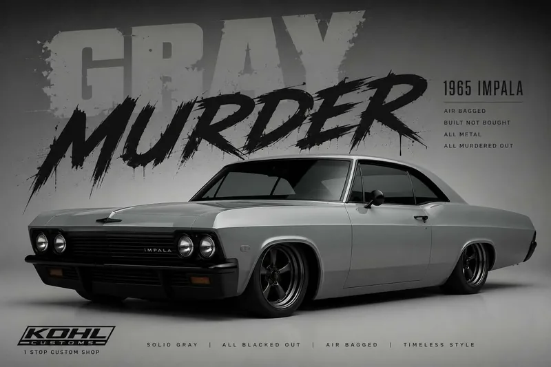 Gray Murder artwork for Sachin's 1965 Impala by Kohl Customs — solid grey, all blacked out, air bagged