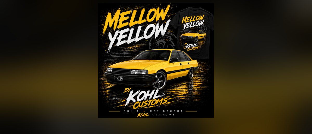 Mellow Yellow artwork by Kohl Customs — an illustration of Benny's finished 1989 VN Commodore in HSV Devil Yellow