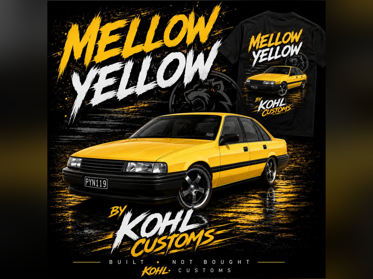 Mellow Yellow artwork by Kohl Customs — an illustration of Benny's finished 1989 VN Commodore in HSV Devil Yellow