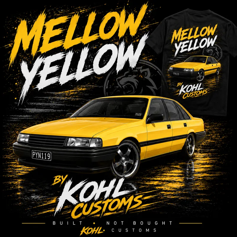 Mellow Yellow artwork produced by Kohl Customs for Benny's VN Commodore build
