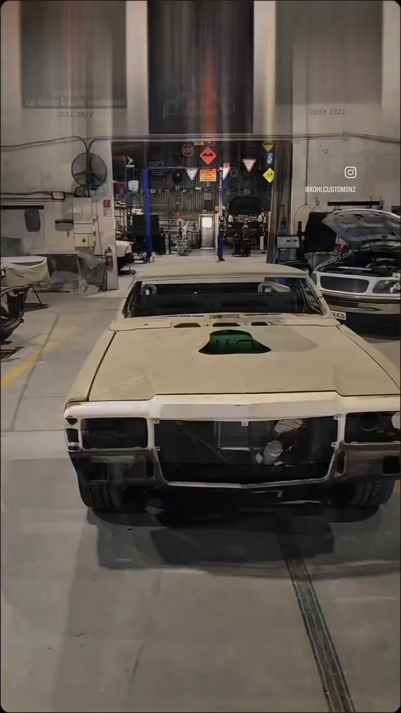 The chopped HJ Holden ute body and its fabricated chassis at the Kohl Customs workshop