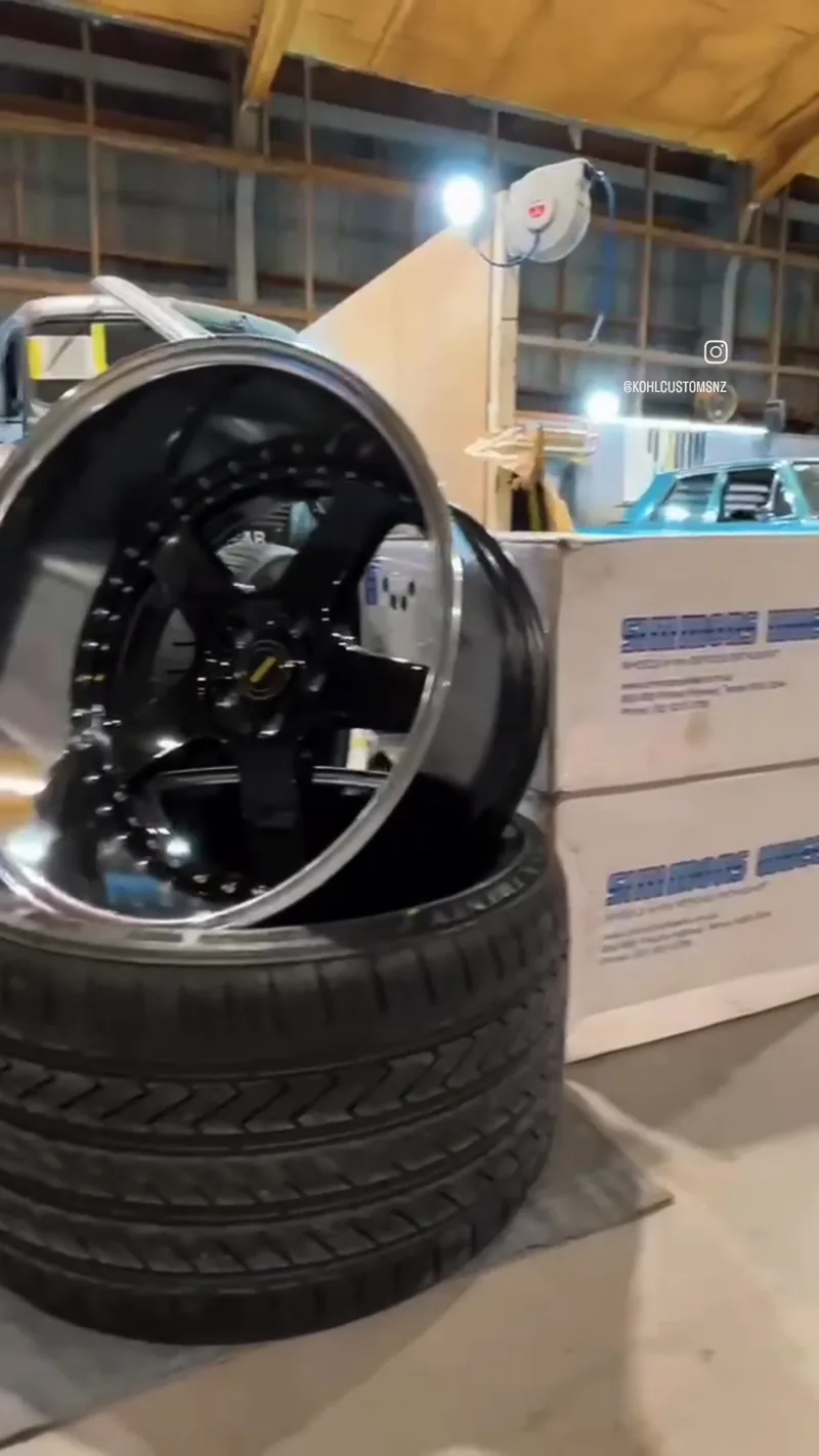 Deep-dish Simmons wheels being mocked up under the HJ Holden ute shell
