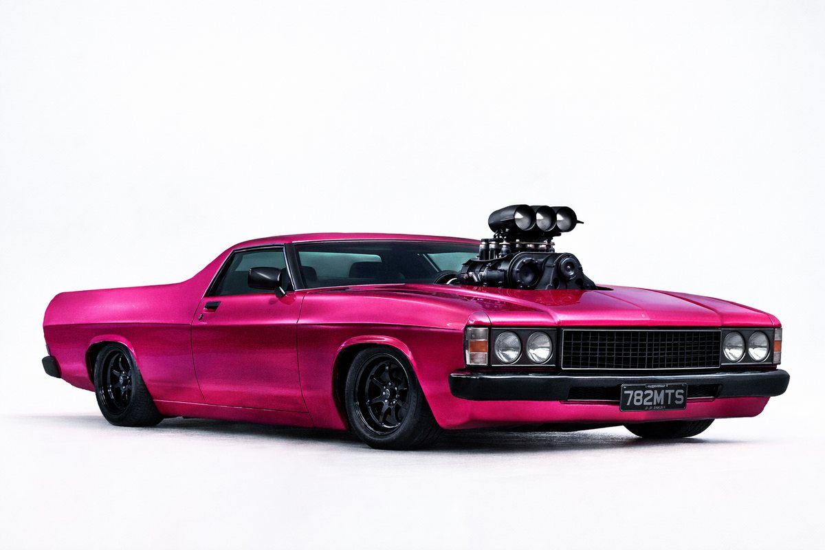 Design render of the finished HJ Holden ute in pink with a blown V8 through the bonnet