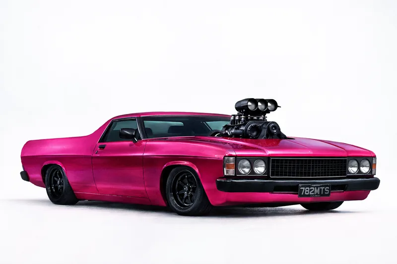 Design render of the finished HJ Holden ute with a blown V8 standing through the bonnet