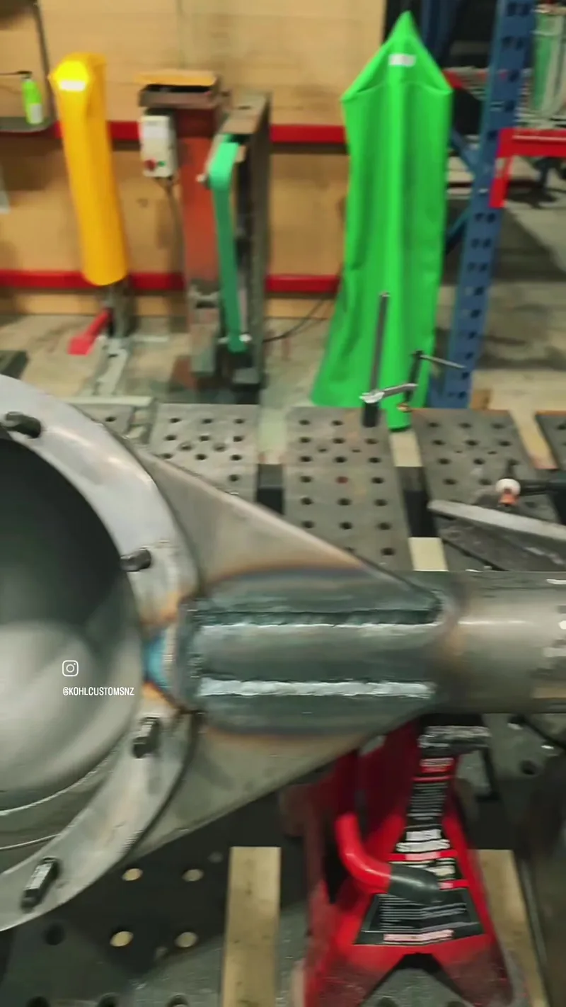 The completed fabricated rear axle housing for the HJ Holden ute, welded and set up on stands
