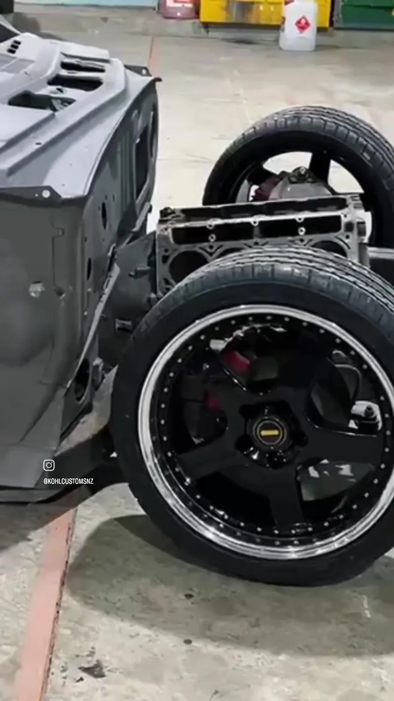 The HJ Holden ute shell sitting on its new deep-dish Simmons wheels for mock-up